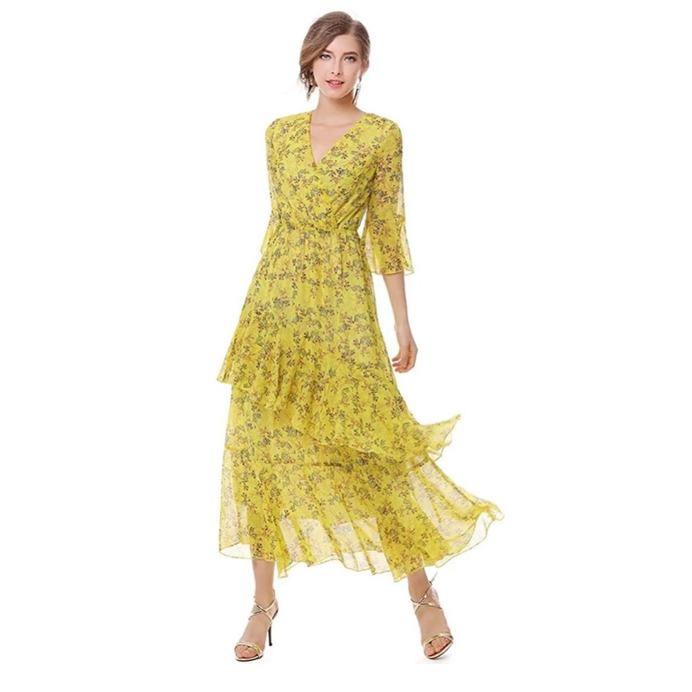XINUO Yellow Floral Maxi Dress, Womens Dress, V Neck High Waist Chiffon Dress